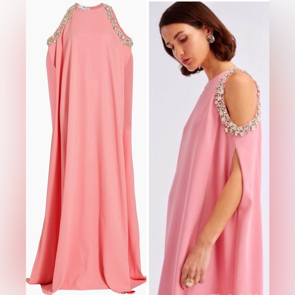 Oscar de la Renta Crystal-Embroidered Cape-Back Gown Pink Dress - Picture 1 of 12